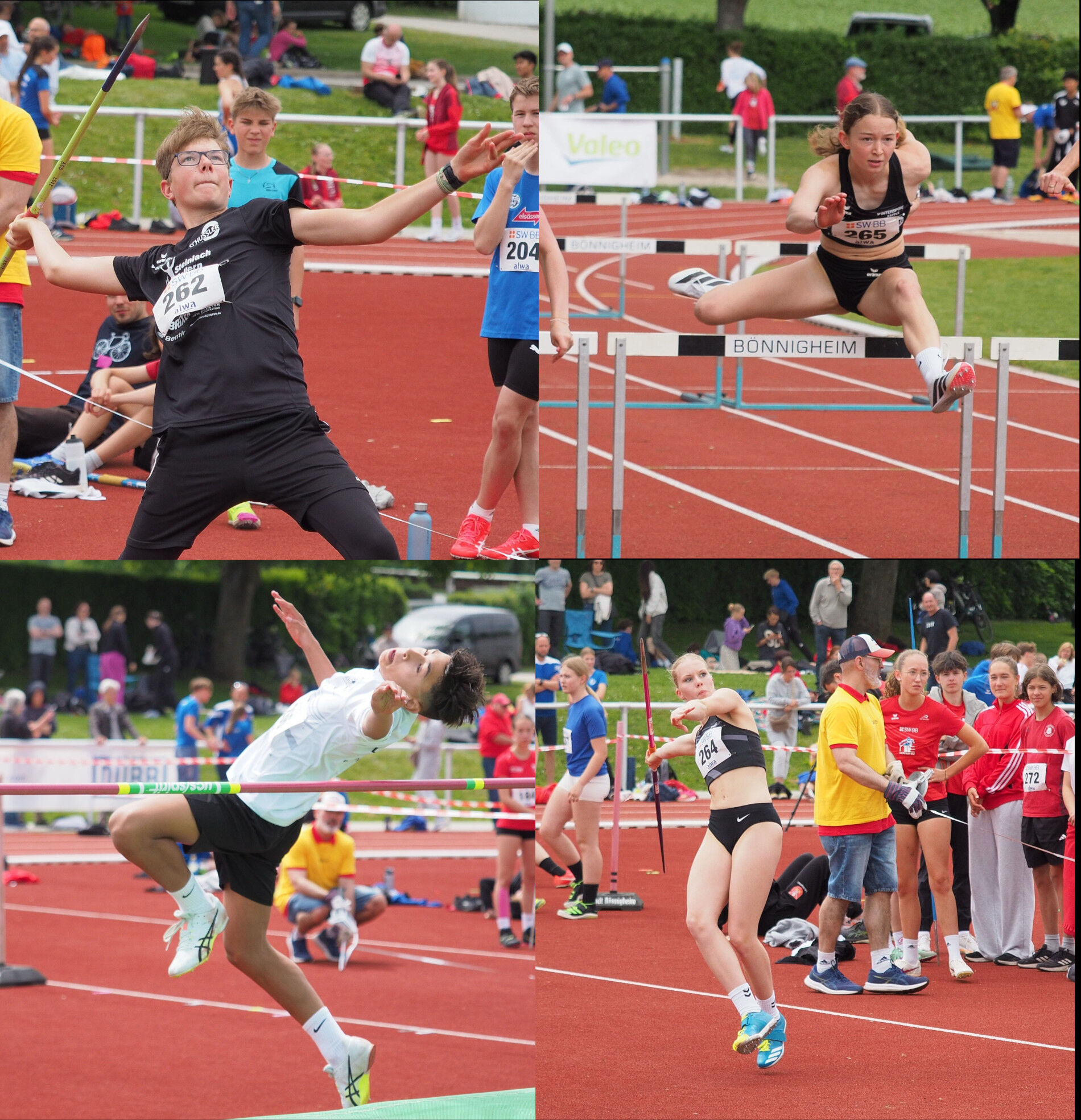 Die Leichtathleten der LG Steinlach-Zollern, Tom Hoch beim Speerwurf, Paul Zukunft beim Hochsprung und  Leonie Schinko 100m Hürden und Nina Richter beim Speerwurf   